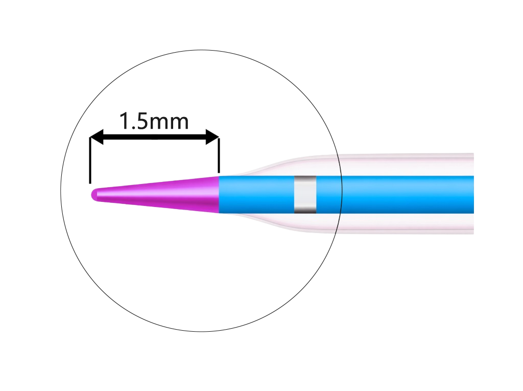 Evolve-Pro leading tip diagram — 1.5 mm shortened tip with distal shaft