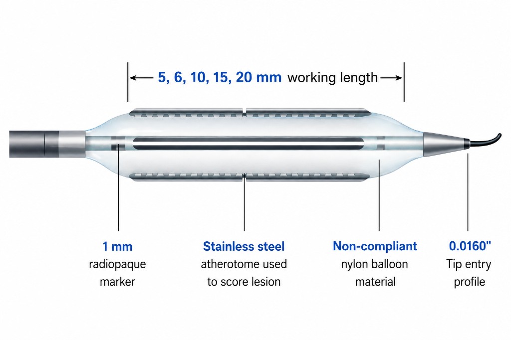 Panther-Rx cutting balloon — 5–20 mm working length, stainless steel atherotome, NC nylon balloon, 0.0160 inch tip entry profile